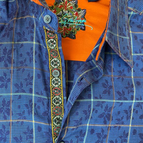 Robert Graham Windowpane Plaid Flip Cuffs Shirt Men XLT Blue Floral Button Up - Picture 5 of 11